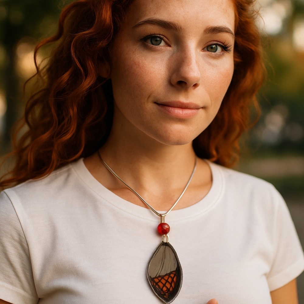 Real Butterfly Wing with Sterling Silver and Carnealian Pendant Necklace